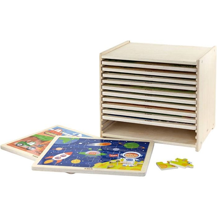 VIGA Puslespilsreol med 12 Puslespil, H: 275, L: 315 mm, B: 235 mm, str. 31x27x23 cm, 12X24 brikker, 12 dele/ 1 sæt