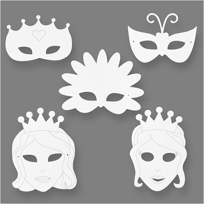 Eventyrmasker, H: 13,5-25 cm, B: 17-25 cm, 230 g, hvid, 16stk./ 1 pk.