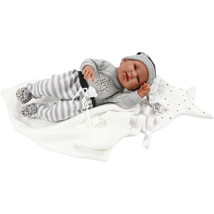 Babydukke, gråt tøj, 43 cm, 1 stk.