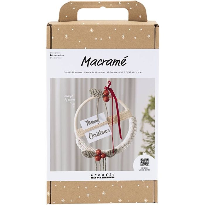 DIY Kit Macramé, Julekrans, mos grøn, julerød, råhvid, 1 pk.
