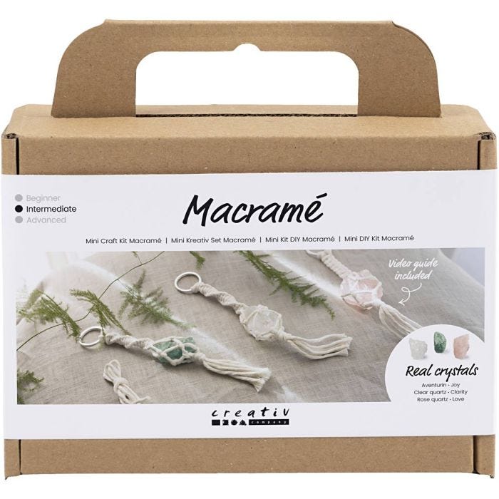 Mini DIY Kit Macramé, Nøglering, mat transparent, støvet grøn, sart rosa, lys natur, 1 pk.
