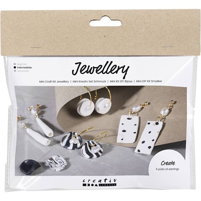 Mini DIY Kit Smykker, Øreringe, sort, hvid, 1 pk.