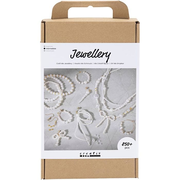 DIY Mix Smykker, Halskæder, armbånd, øreringe, forgyldt, hvid perlemor, 1 pk.