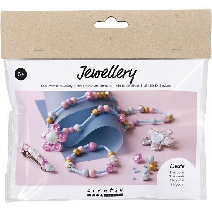 Mini DIY Kit Smykker, Halskæde, armbånd, spænder, broche, blå, lys blå, pastelpink, 1 pk.