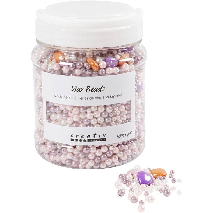 Voksperler, hulstr. 1,3-2,5 mm, pastelorange, soft rosa, lys lilla, perlemor, 425 g, 700ml/ 1 ds.