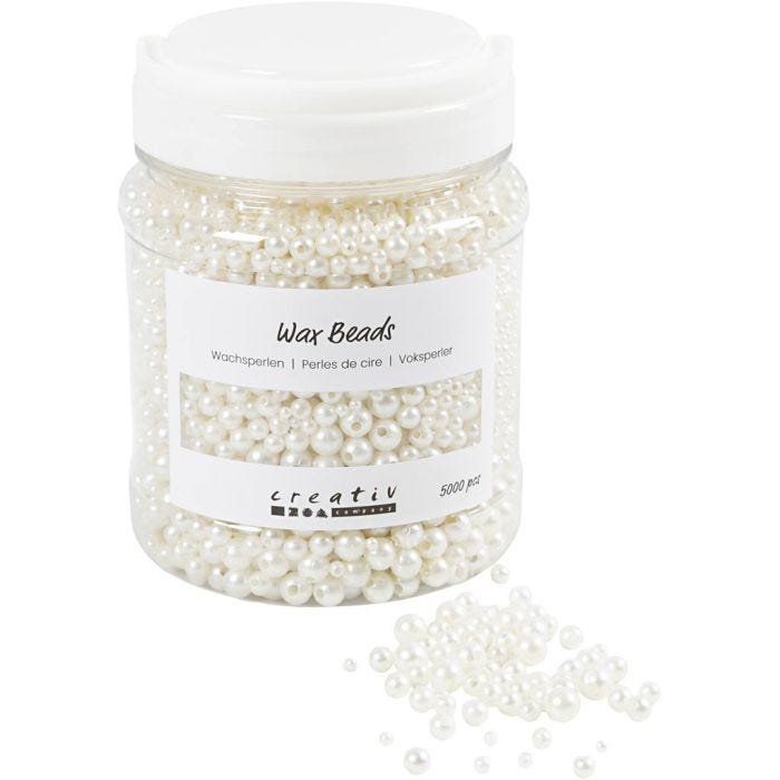 Voksperler, diam. 3-8 mm, hulstr. 1,3-2,5 mm, hvid perlemor, 430 g, 700ml/ 1 ds.