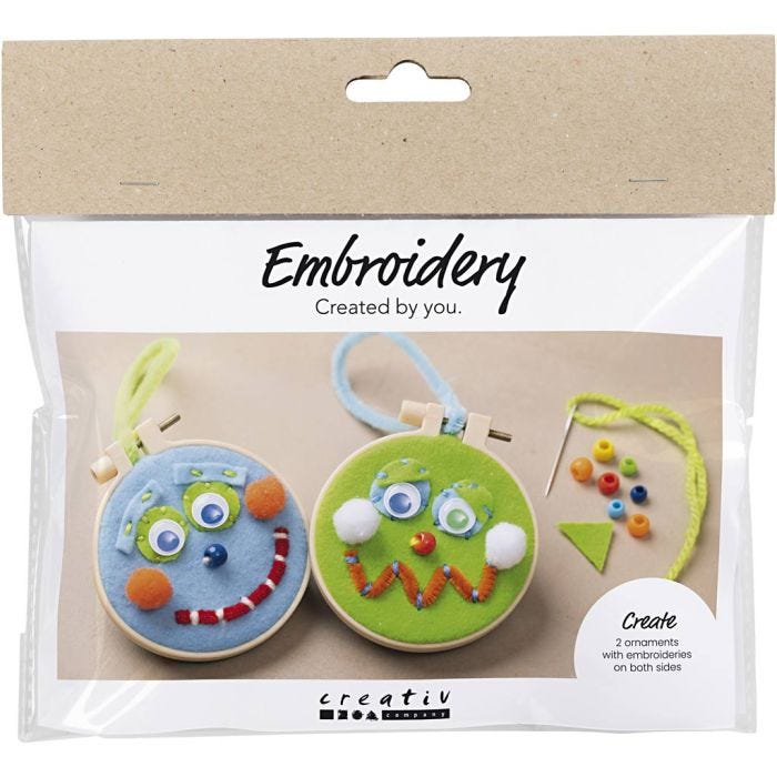 Mini DIY Kit Broderi, Ansigter, blå, grøn, 1 pk.