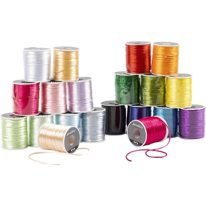 Satinsnor, tykkelse 2 mm, pastelfarver, stærke farver, 20x50 m/ 1 pk.