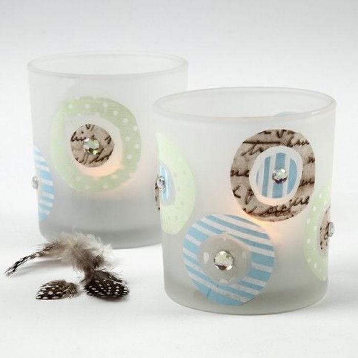 Lysglas dekoreret med decoupage og rhinsten