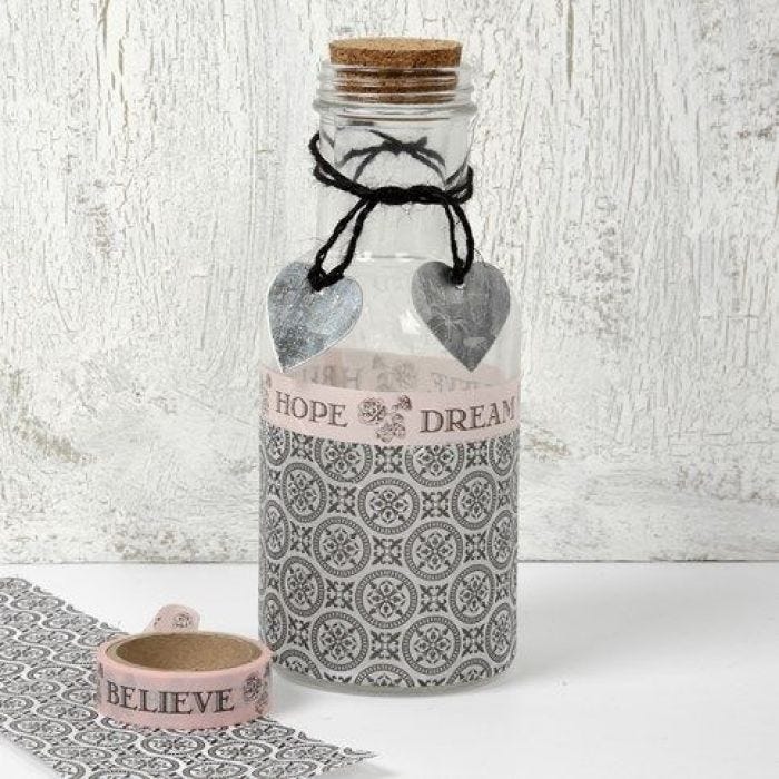 Glasflaske med decoupage og pynt 