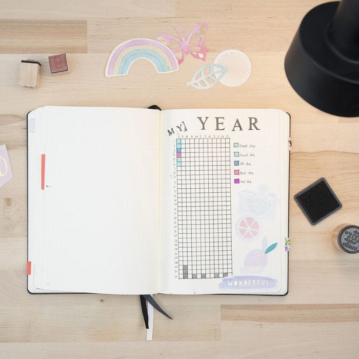 Bullet journal dekoreret med stempler