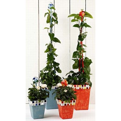 Malet urtepotte pyntet med mosaik på kanten