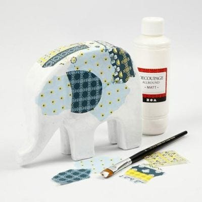 Elefant af papmache med decoupagepapir 
