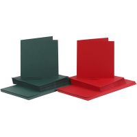 Kort og kuverter, kort str. 15x15 cm, kuvert str. 16x16 cm, 110+230 g, grøn, rød, 50 sæt/ 1 pk.