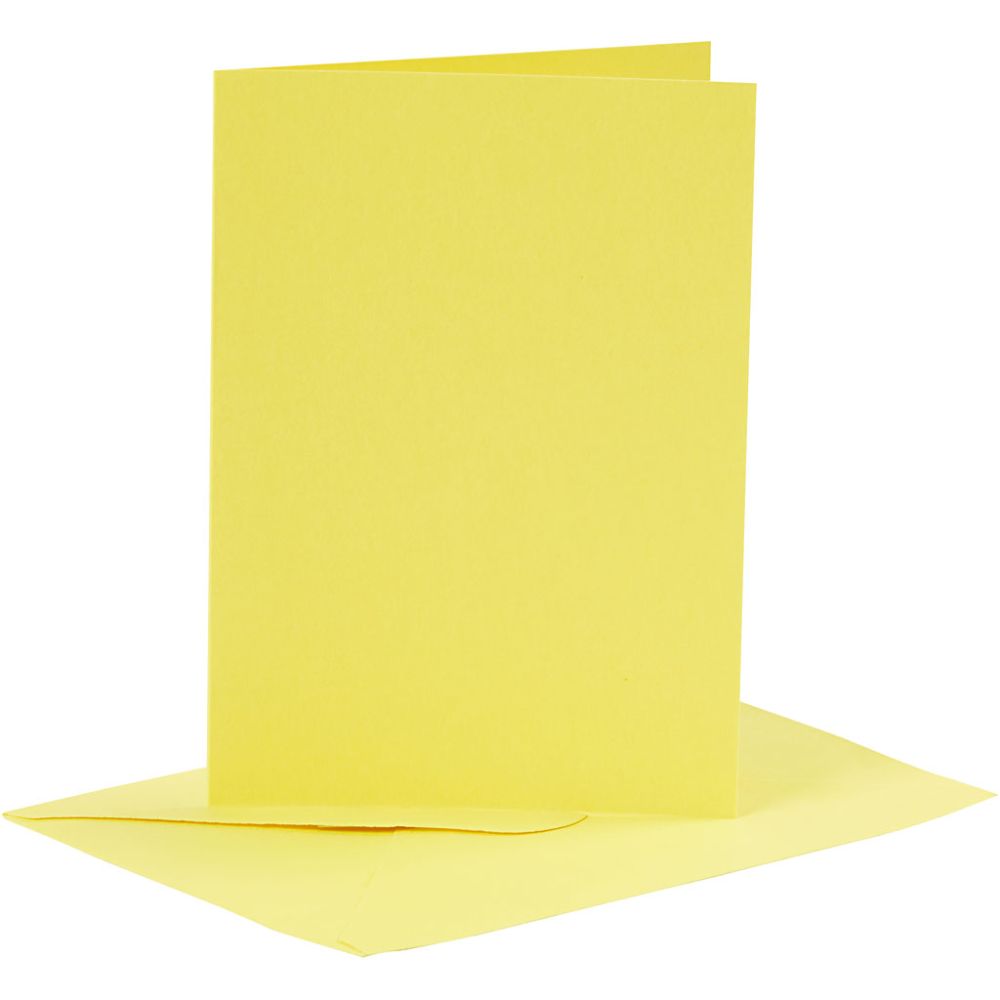 Kort og kuverter, kort str. 10,5x15 cm, kuvert str. 11,5x16,5 cm, 110+220 g, gul, 6 sæt/ 1 pk.