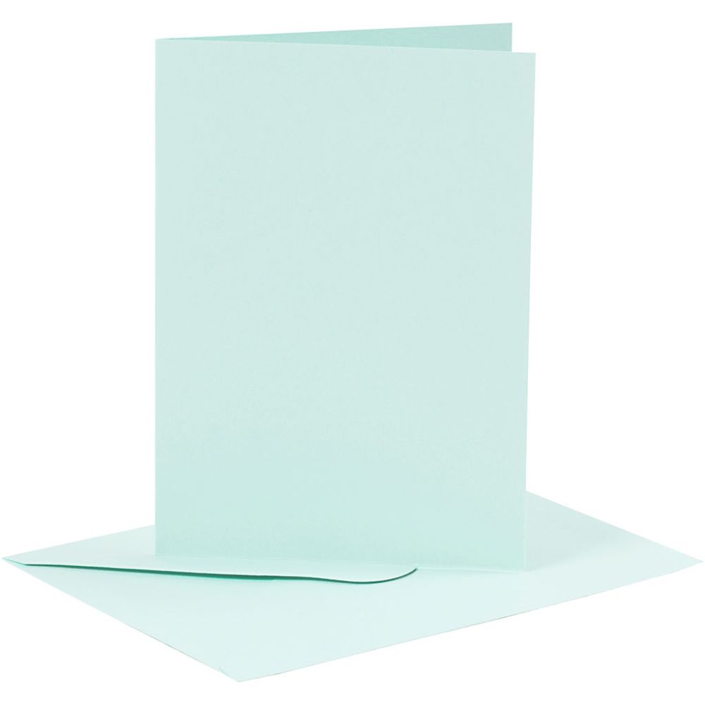 Kort og kuverter, kort str. 10,5x15 cm, kuvert str. 11,5x16,5 cm, 110+220 g, lys blå, 6 sæt/ 1 pk.