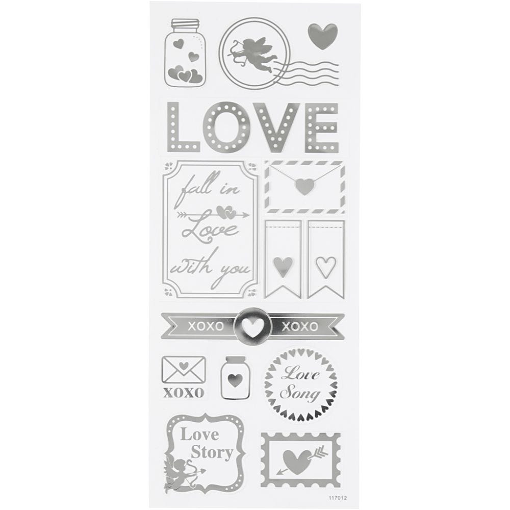 Stickers, love, 10x24 cm, sølv, 1 ark