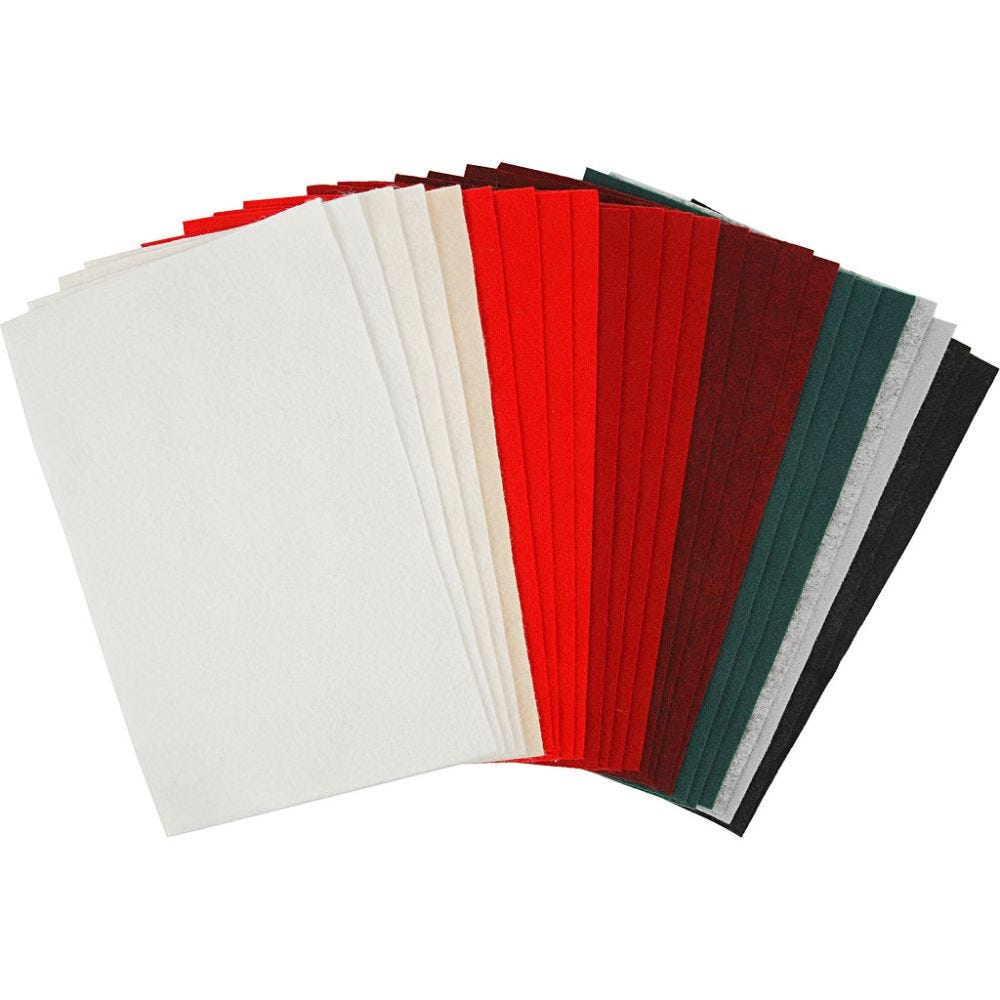Hobbyfilt, 20x30 cm, tykkelse 1,5 mm, 180-200 g, ass. farver, 24 ass. ark/ 1 pk.