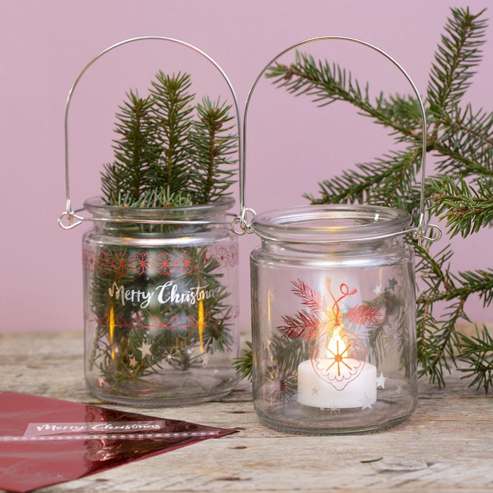 Lanterner af glas pyntet med folie motiver 