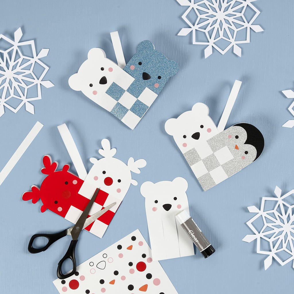 Laden Sie Weihnachtsbastelvorlagen für geflochtene Weihnachtsherzen mit Rentier, Pinguin und Eisbär herunter